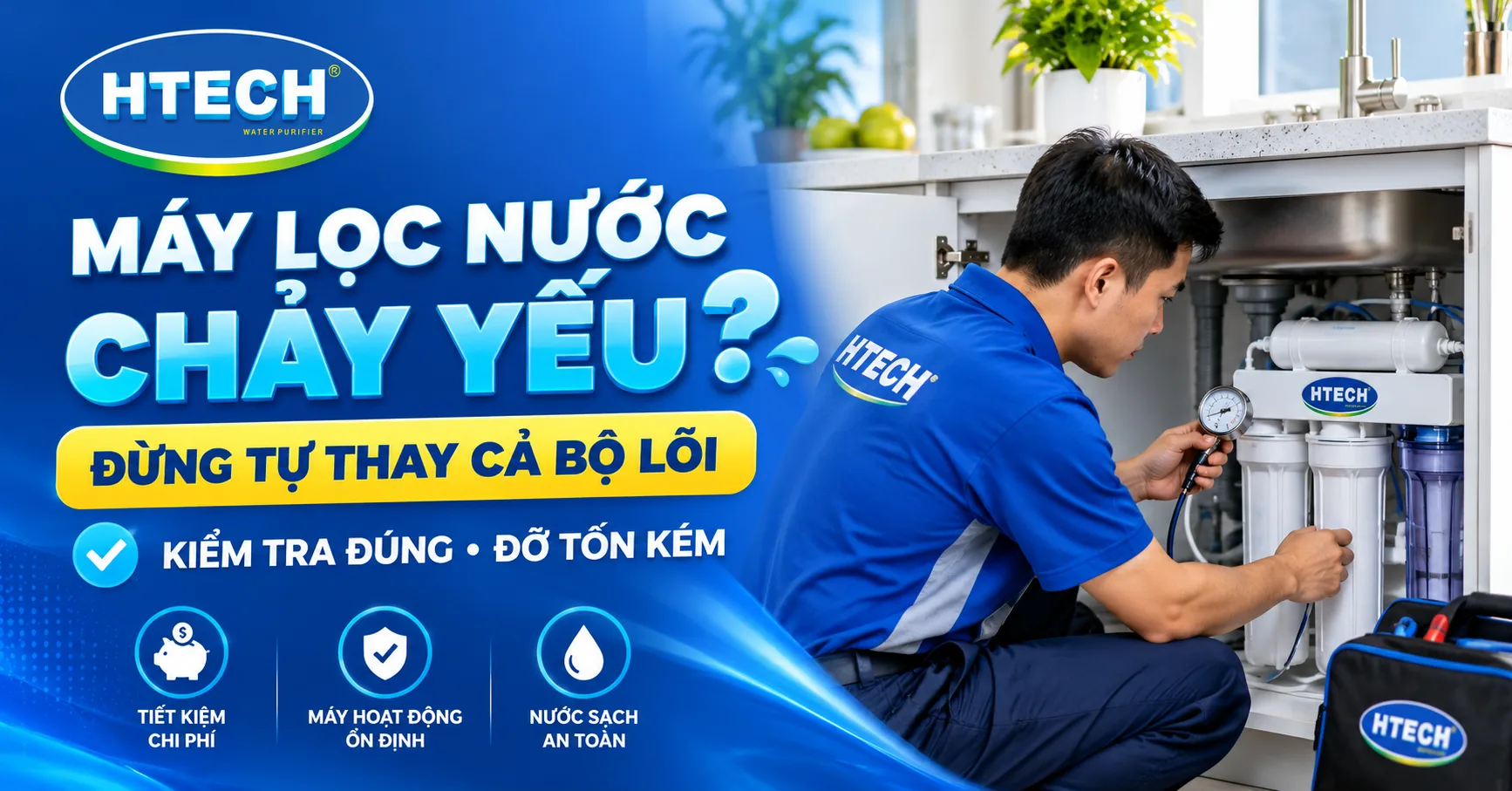 Máy lọc nước chảy yếu: kỹ thuật viên HTECH kiểm tra trước khi thay cả bộ lõi